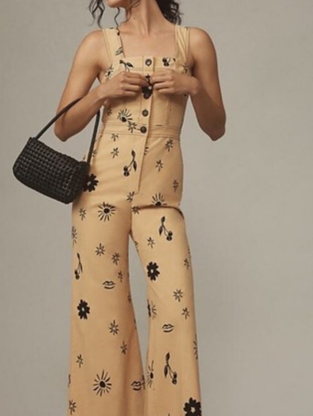 Anthropologie Maeve Portside Button Front Jumpsuit Beige Black Cherry Sun Size 6
